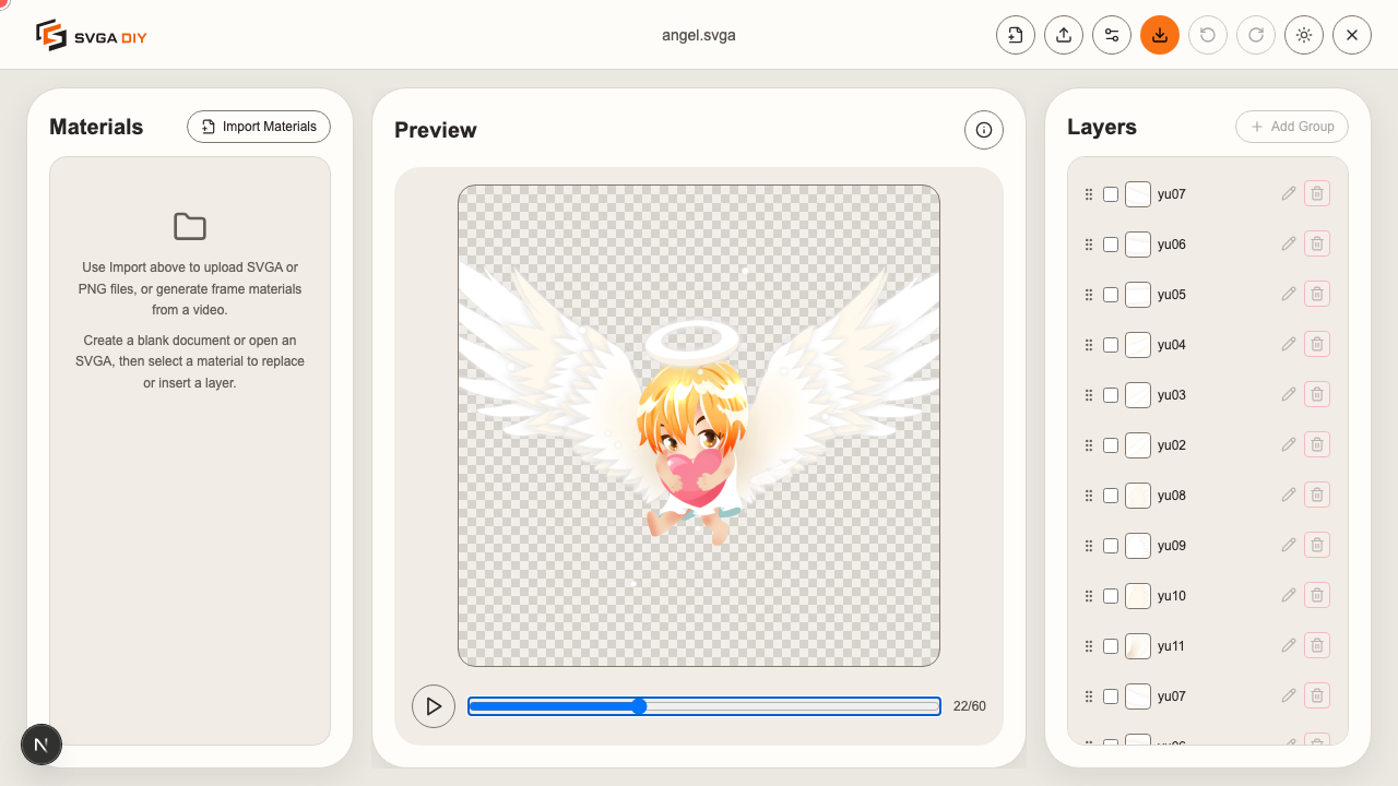 The SVGA DIY editor with angel.svga open, showing its layers