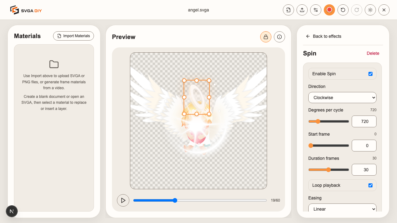 Exporting the animated SVGA file from the editor topbar