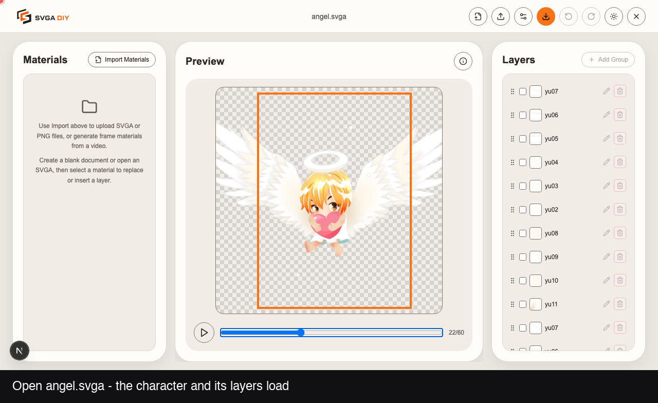 The SVGA DIY editor with angel.svga open, showing its layers