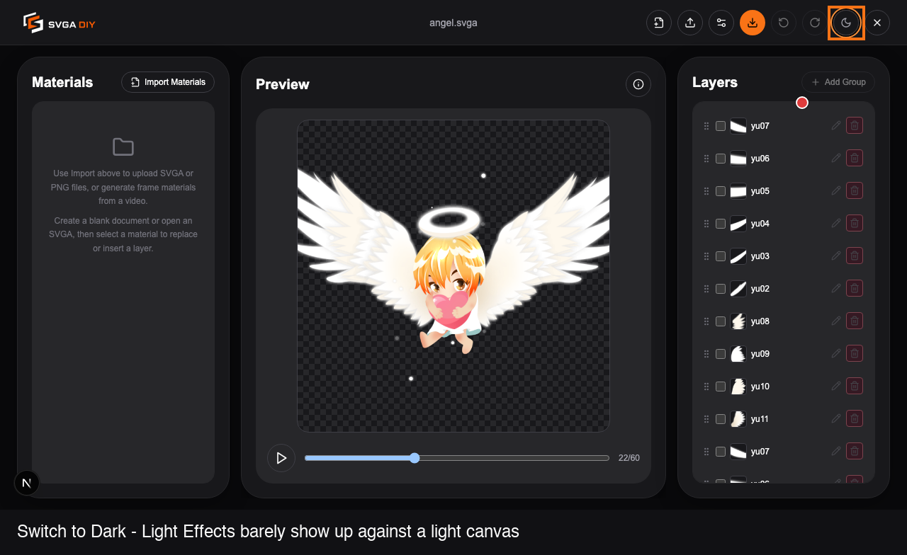 Switching the editor's theme to Dark from the topbar toggle