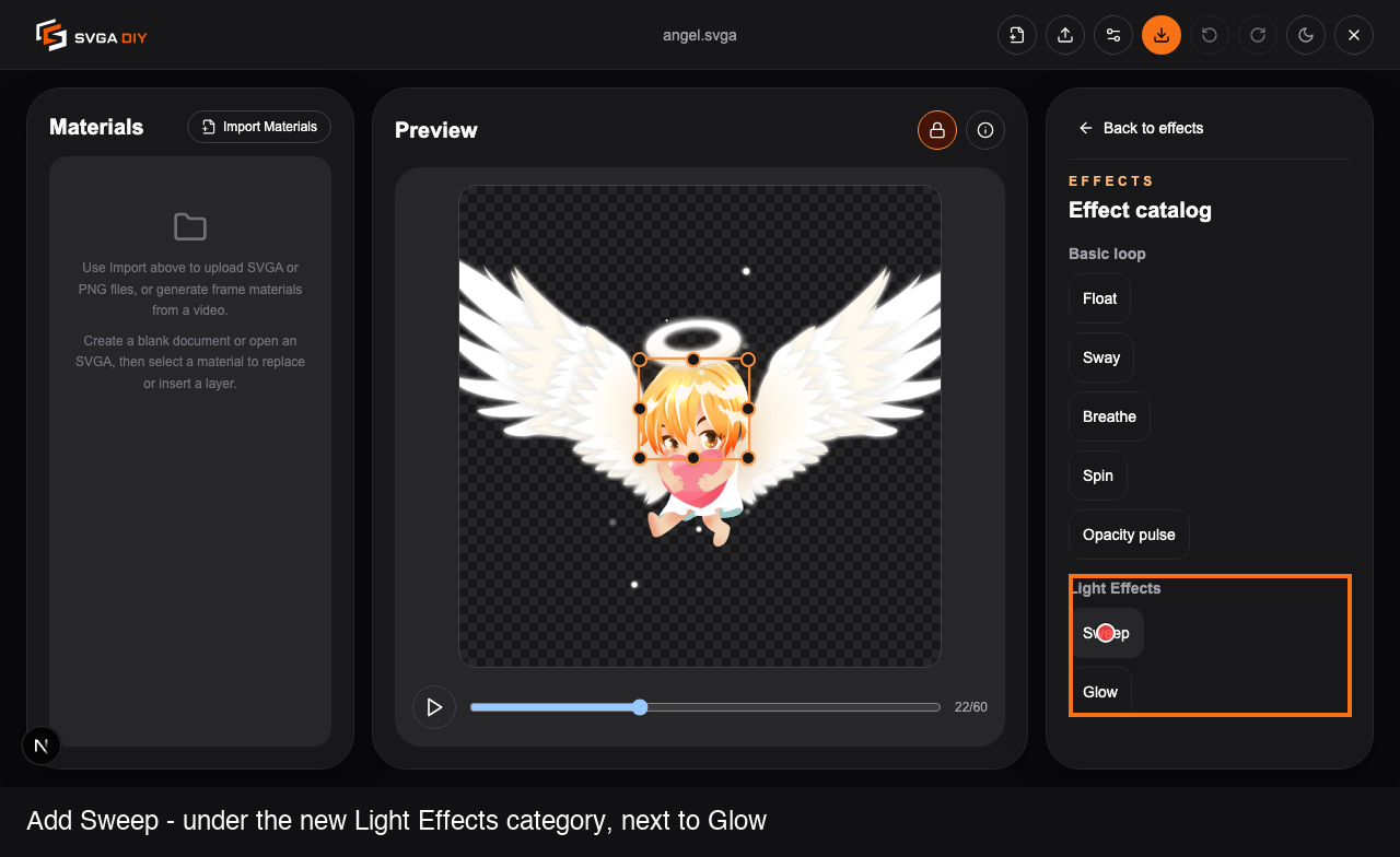 The effect catalog, with Sweep about to be selected from Light Effects