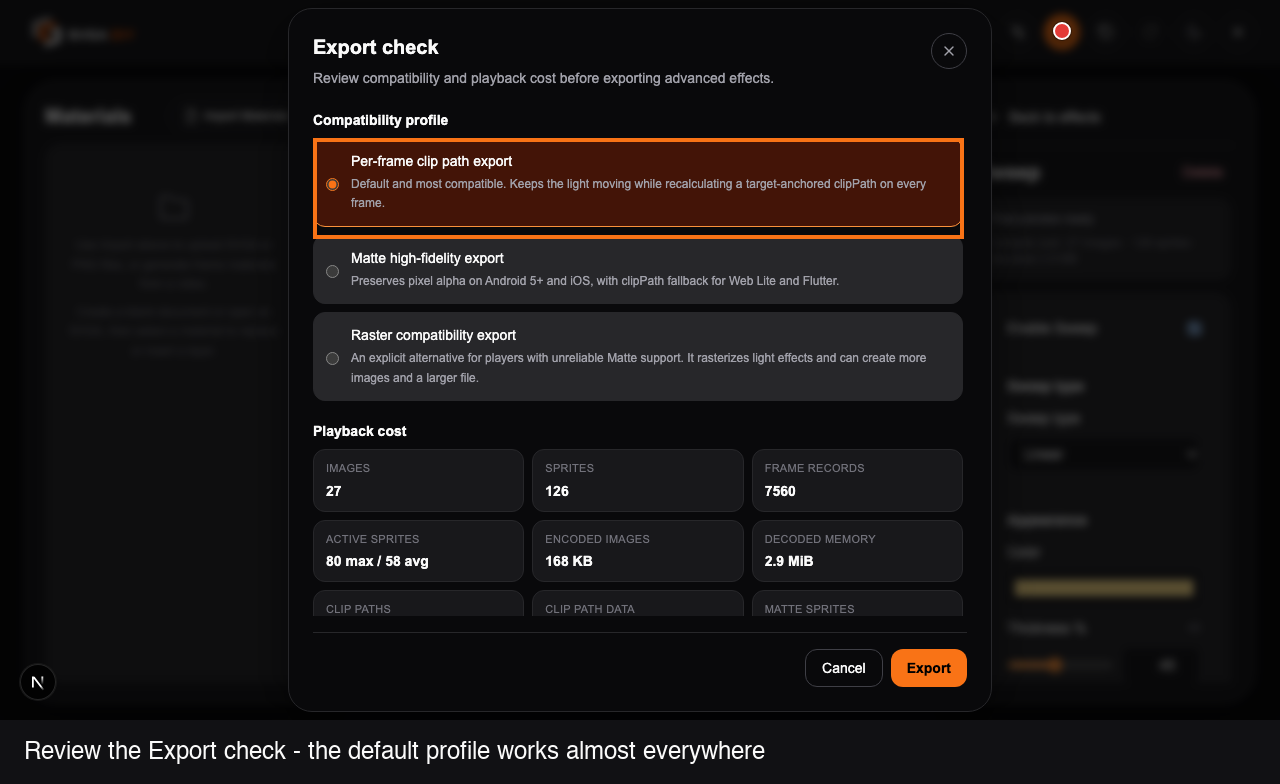 The Export check dialog, listing compatibility profiles and playback cost