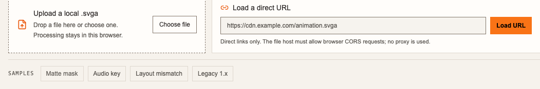 The file input bar, with upload, URL, and sample file options
