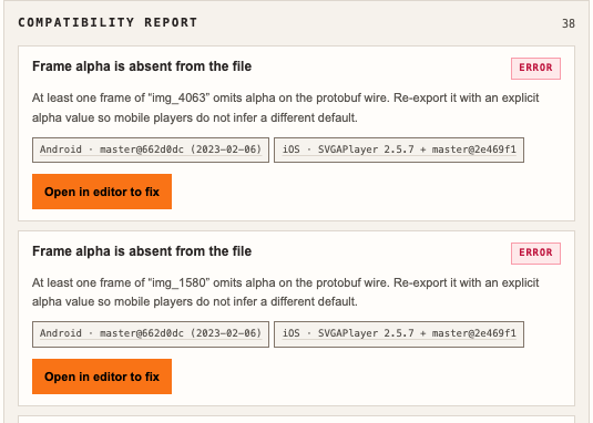 The Compatibility Report showing 38 detected "Frame alpha is absent" errors, with affected platforms and a fix link