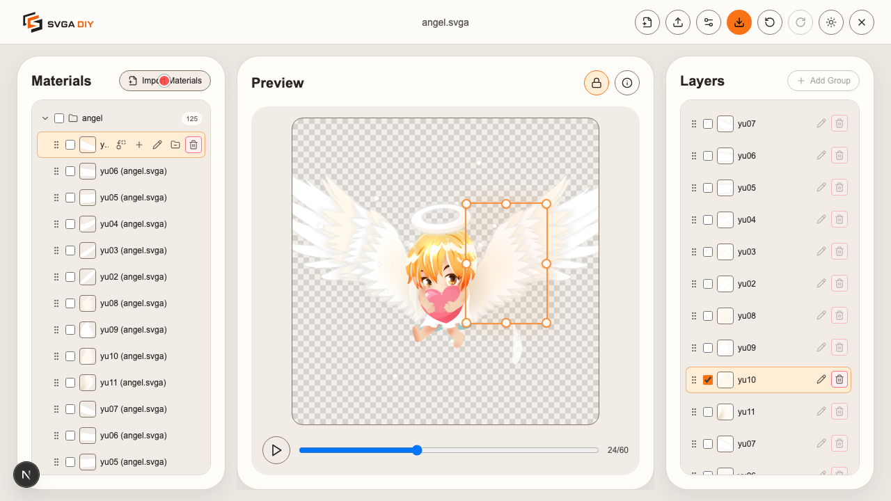 angel.svga 作为素材导入后，其精灵以缩略图形式出现